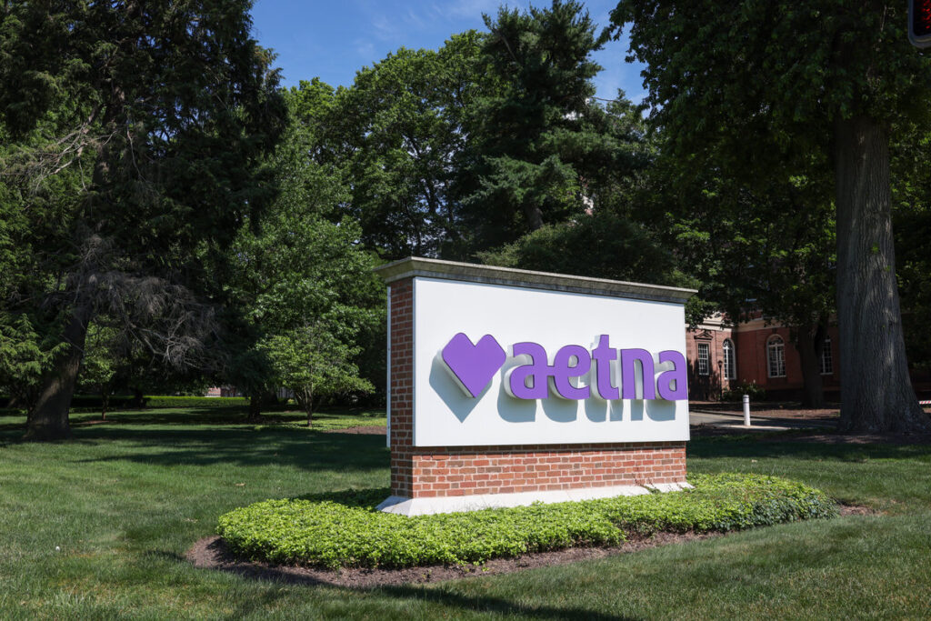 The logo of Aetna at Aetna Corporation headquarters in Hartford, Connecticut
