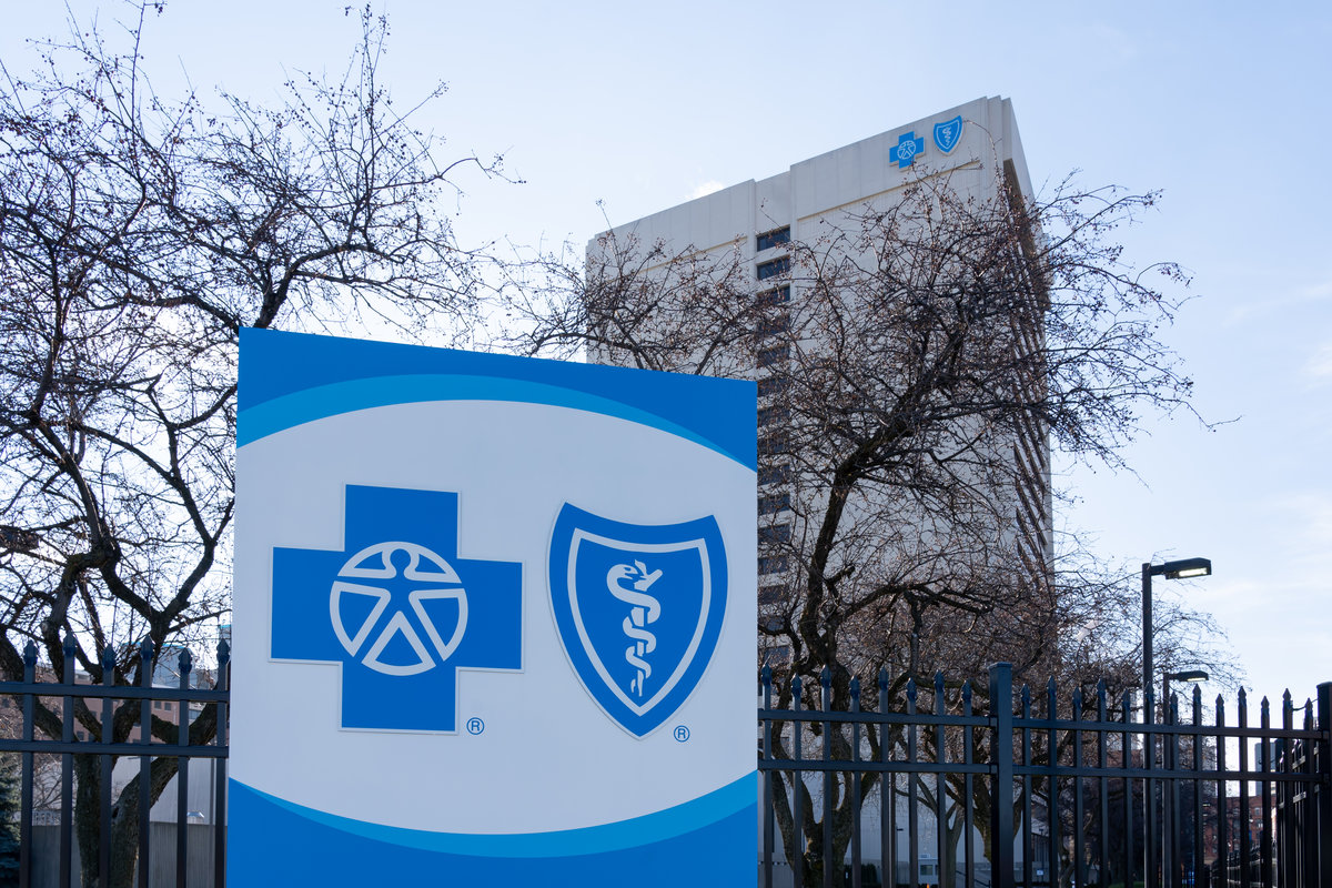 Detroit, MI, USA - December 26, 2021: Blue Cross Blue Shield of Michigan office in Detroit. Blue Cross Blue Shield Association is a federation of 35 separate United States health insurance companies.