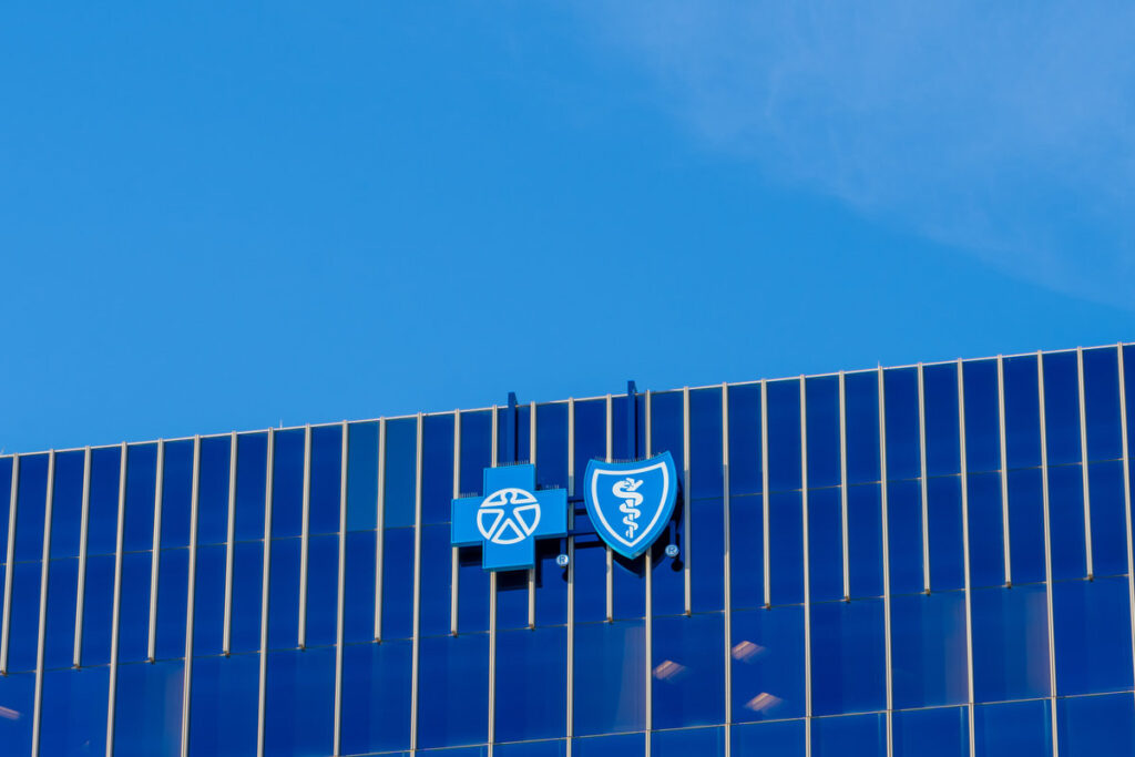 Blue Cross and Blue Shield logos on the building at Gateway Center in Phoenix, AZ, USA. copy space