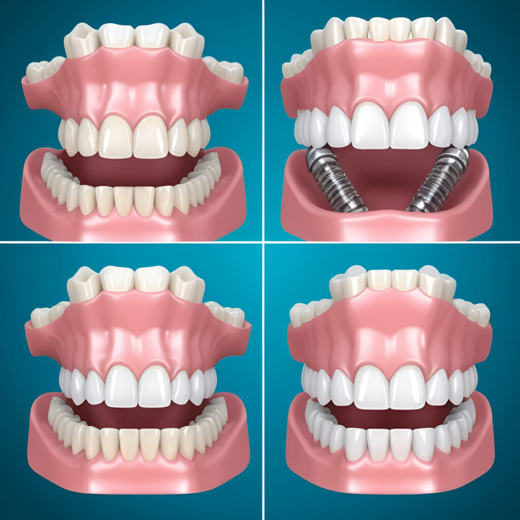 Full-arch dental prosthesis with the All on Four and All on X treatment concept for edentulous jaws in dental implant treatment. Dental X ray image and dental before and after smile design.