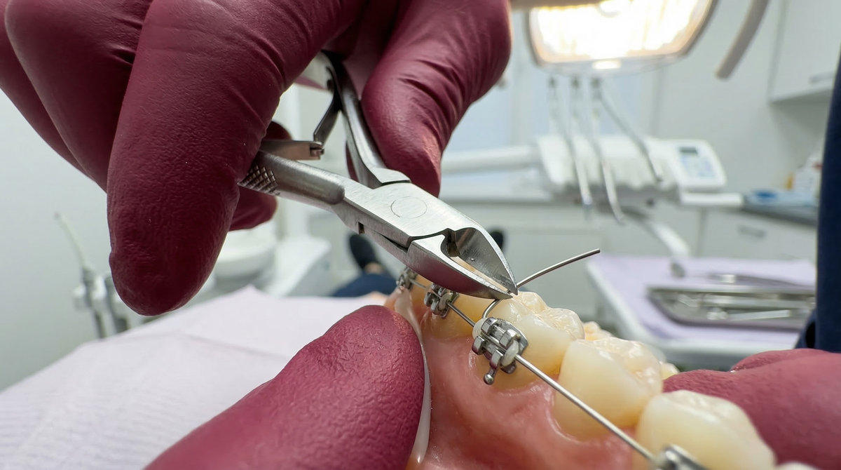 Orthodontist adjusting metal braces on a dental model with specialized pliers